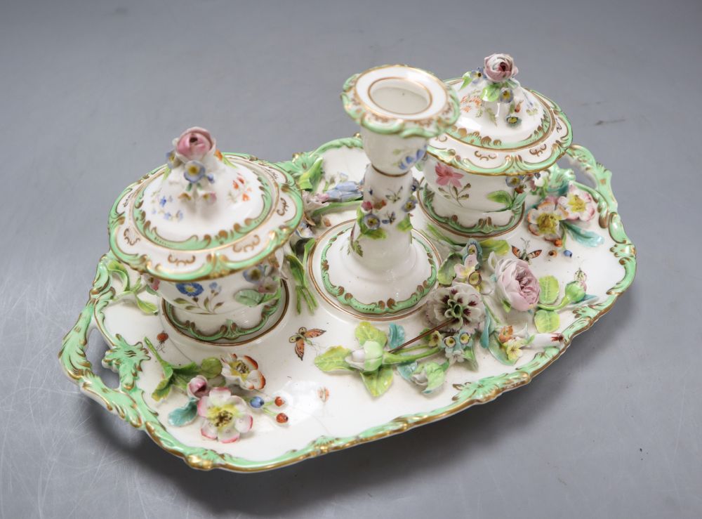 A Minton floral encrusted inkstand, pattern no.7401, overall length 27.5cm